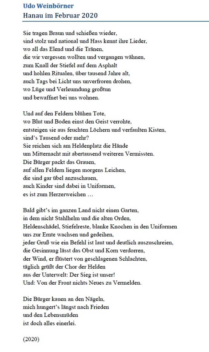 Hanau 2020 Gedicht von Udo Weinbörner